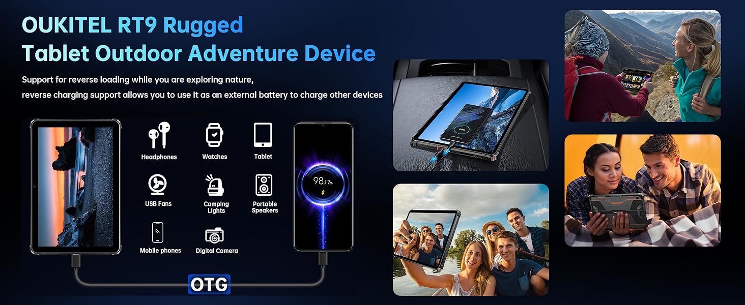 Text reads: 'OUKITEL RT9 Rugged Tablet Outdoor Adventure Device'. Product showcase featuring multiple views of rugged tablet with interface displays and usage scenarios.