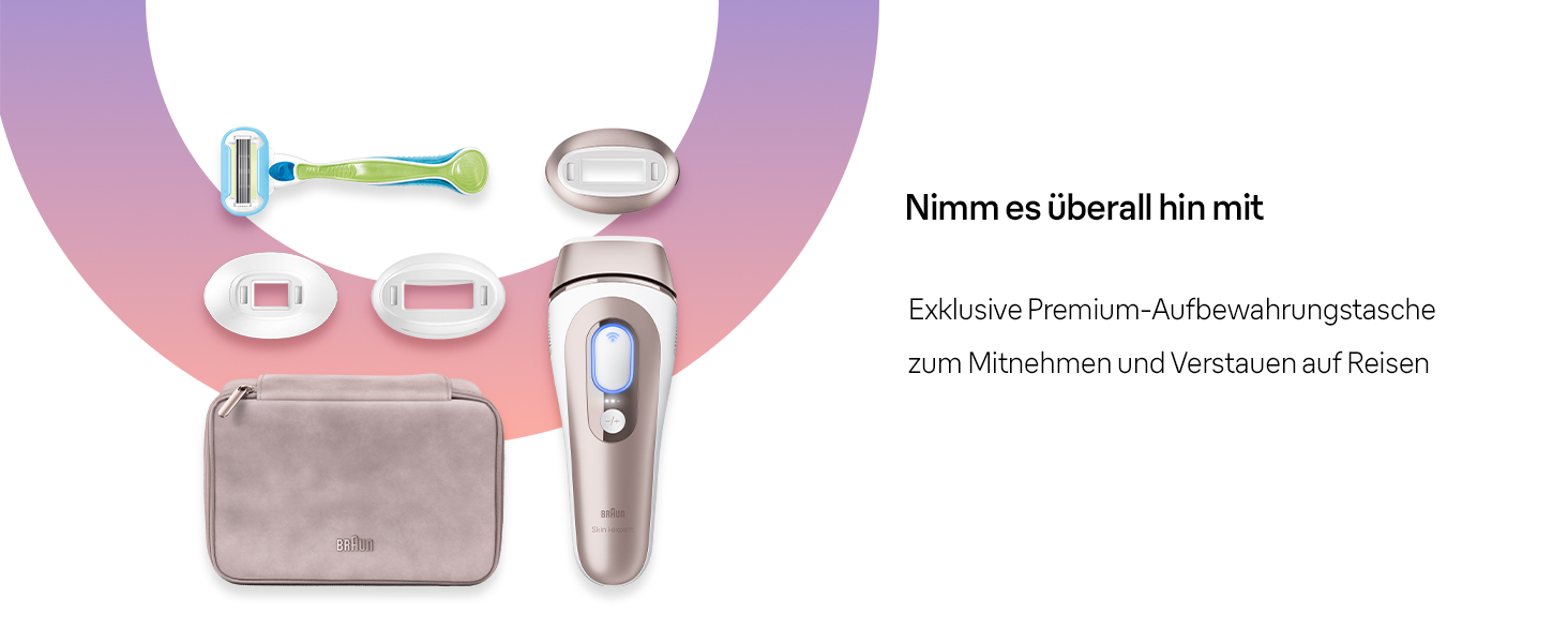 Inhalt des Smart IPL abgebildet: IPL-Haarentfernungsgerät, Rasierer, Aufsätze, Aufbewahrungstasche