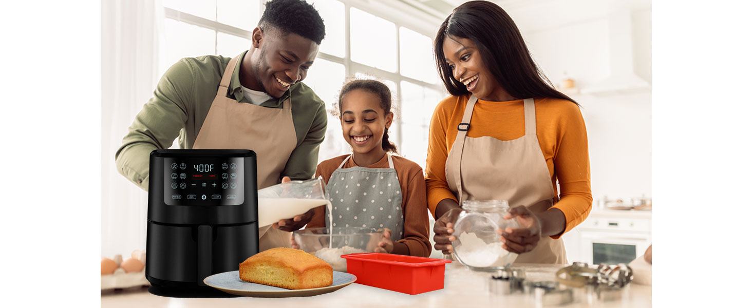 family baking using air fryer and silicone loaf pans