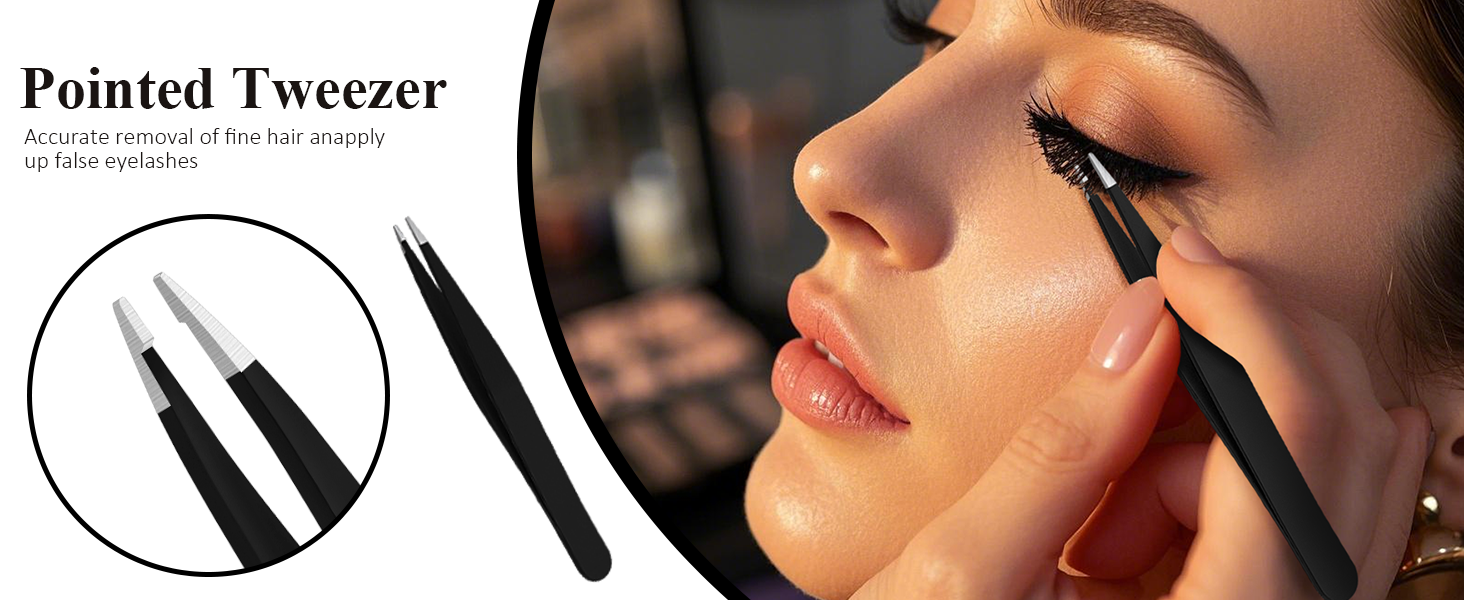 Pointed tweezer for precise hair removal. Black metal tool with fine, tapered tips shown in close-up and in use for eyebrow grooming on a woman's face.