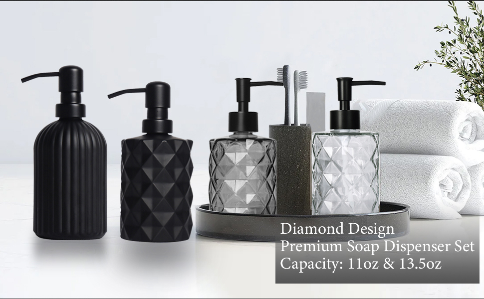 11 Oz Black Glass Soap Dispenser, 2 Pack Hand and Dish Soap