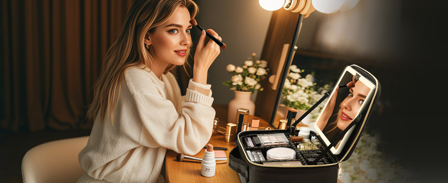 Travel Makeup Bag with LED Mirror & 3 Light Modes – Portable Cosmetic Organizer Case with Adjustable Dividers & Rechargeable Light | Vanity Case for Women