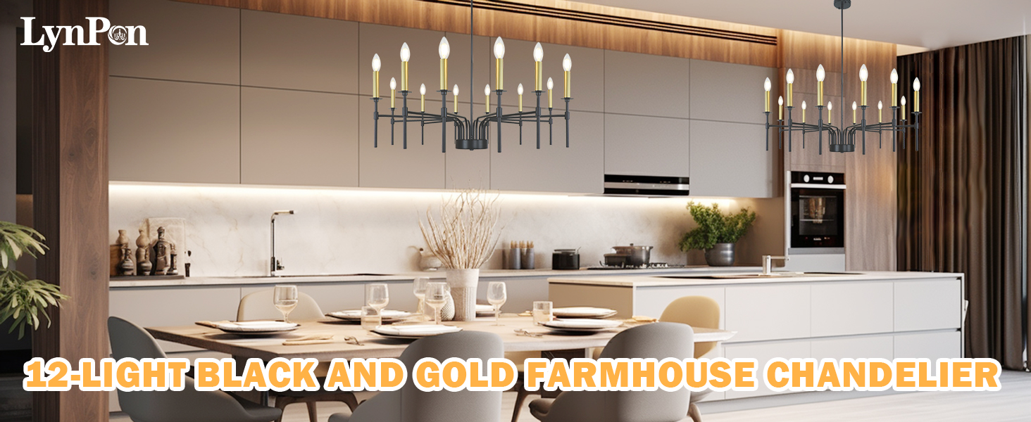 LynPon 12Light Black Gold Chandelier, 37" Modern Farmhouse Chandelier