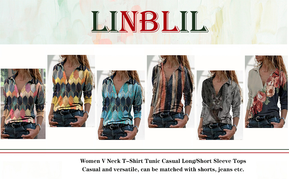 LINBLIL Women V Neck T-Shirt Tunic Casual Long/Short Sleeve Tops