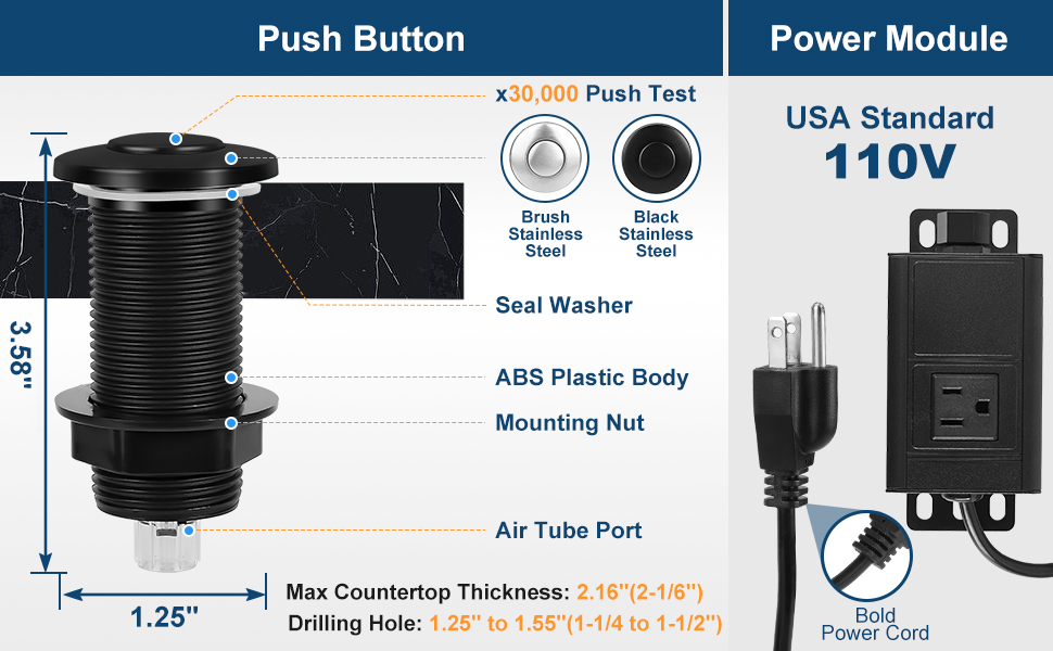 Air Switch Kit for Garbage Disposal, UL Listed Sink Top Air Switch for