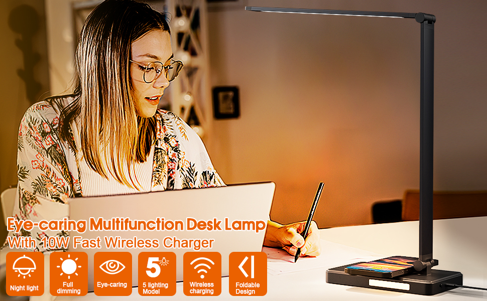 BEYONDOP LED Desk Lamp with 10W Fast Wireless Charger, Desk Lighting