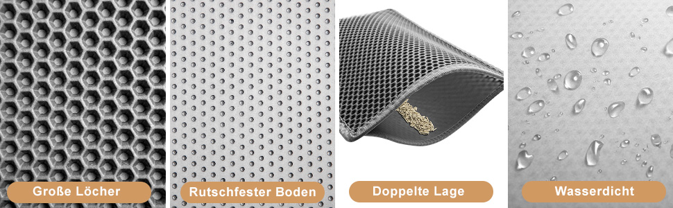 Vier-Panel-Bild zeigt Stoffschichten: 'schlanker Schaum', 'Luftpolster-Mesh', 'Doppelte Lage' und 'Wasserdicht'. Jedes Feld zeigt eine vergrößerte Ansicht der Textur des Materials an.