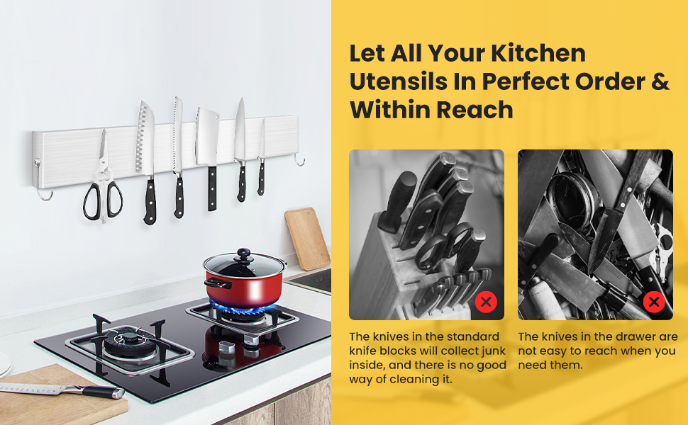 Qoosea Knife Holder for Wall with Hooks 16 Inch Stainless Steel Knife