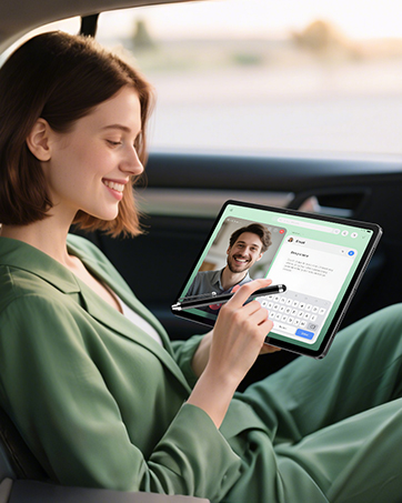Series of product shots showing a person using a tablet device while relaxing on what appears to be a couch or chair, dressed in light green attire.