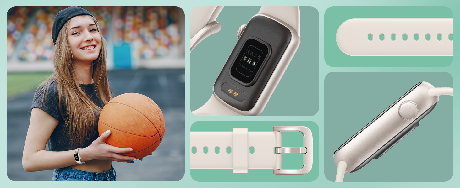 Smartwatch with white strap, rectangular display, and heart rate sensor. Accompanied by interchangeable straps and charging device.