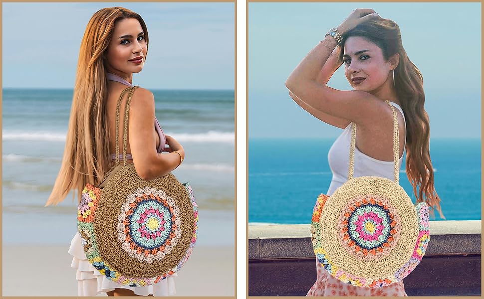Straw Bags for Women Large Beach Tote Bag Floral Crochet Woven Shoulder Purse Summer Handbag