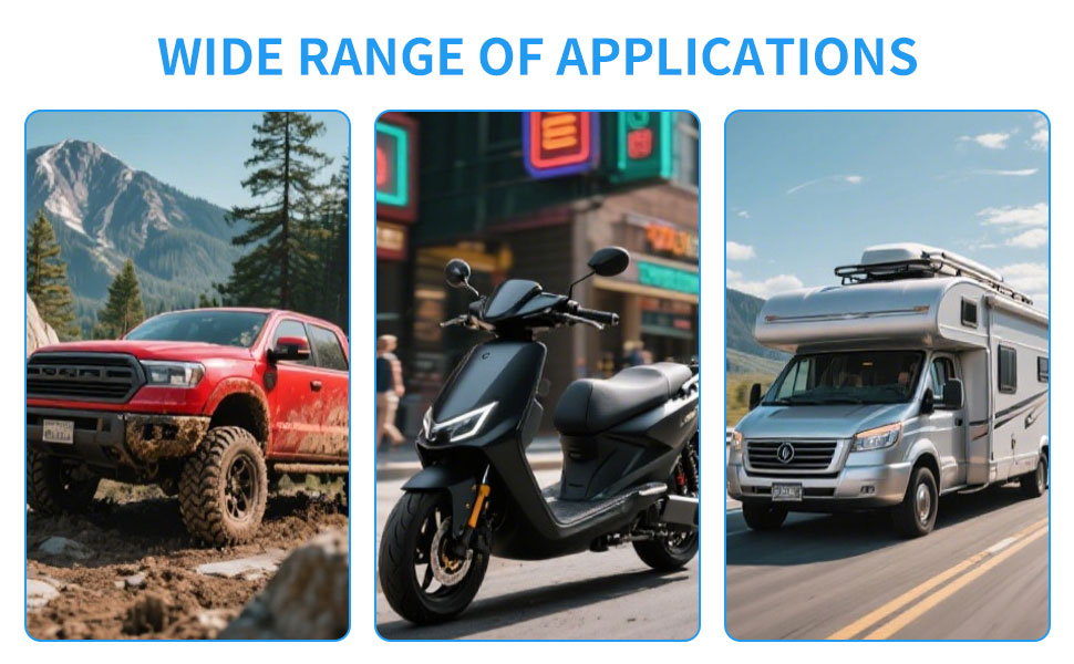 Text reads 'WIDE RANGE OF APPLICATIONS'. Montage of various vehicles including cars, trucks, and recreational vehicles in outdoor settings.