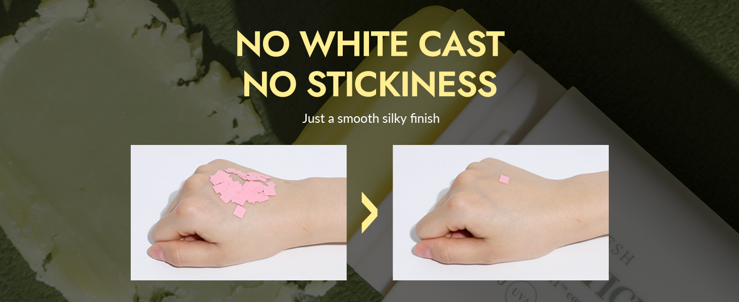 Skincare product demonstration showing hand with pink product application, then absorbed leaving no residue. Text claims 'NO WHITE CAST NO STICKINESS' and 'Just a smooth silky finish'.