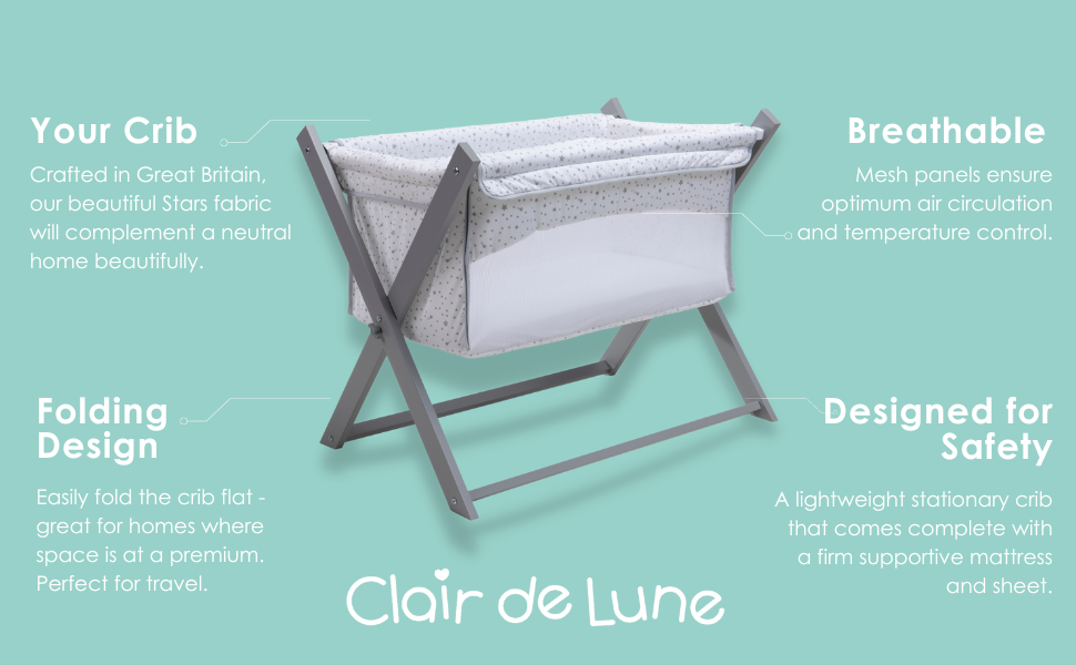 Clair de Lune Grey Folding Breathable Crib Safe Baby Space Travel