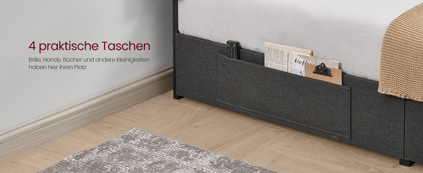 Aufbewahrungsorganizer aus dunkelgrauem Stoff mit mehreren Taschen, an einer Wand angebracht. Text auf Deutsch erwähnt „4 praktische Taschen“