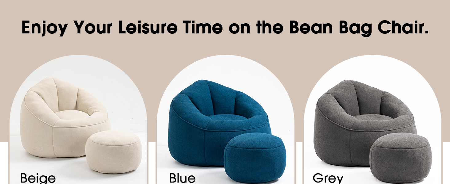 Bean Bag Chair for Adult, Microfiber Upholstered Bean Bag Sofa with Petal Back, Shell-Shaped Beanbag Chair with Footstool, Memory Foam Stuffed Lazy Sofa for Living Room, Bedroom (Beige) 16 Bean Bag Chair