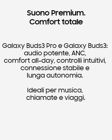 Il testo dice «Galaxy Buds3 Pro e Galaxy Buds3". Viste multiple degli interni dell'auto con integrazione dei dispositivi e rivestimento in pelle marrone chiaro.