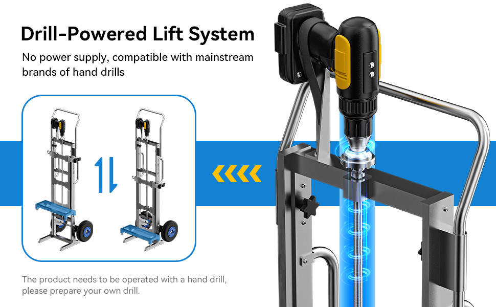 Drill-Powered Lift System - No power supply, compatible with mainstream brands of hand drills