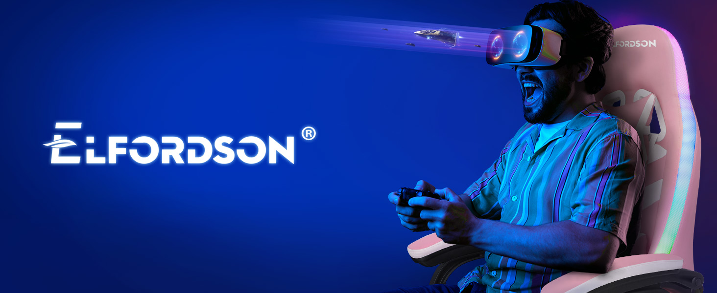 ELFORDSON Gaming Chair With RGB LED Light 8-Point Massage, Pink & White 21 6-1