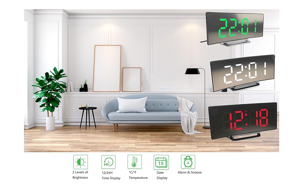 Digital Alarm Clock, LED Bedside Clock Mains Powered, Alarm Clock with