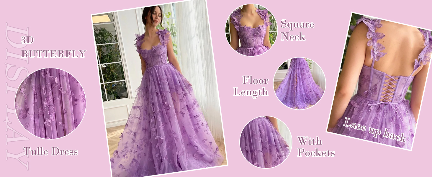 3D Butterfly Tulle Prom Dresses for Women Lace Applique Sweetheart Long Formal Evening with Slit