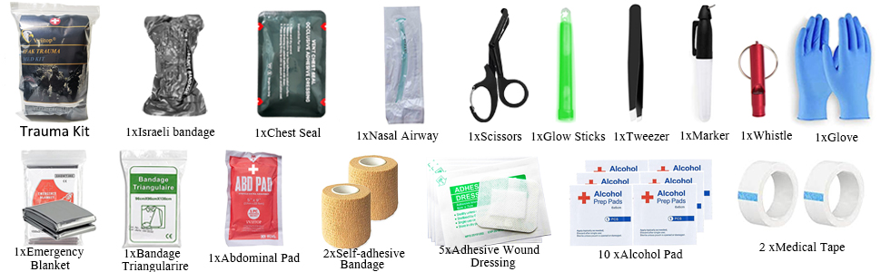 VVIITOP Trauma Refill Kit Med Pack IFAK First Aid Kit | Vented Chest Seal | Combat Tourniquet Bandag
