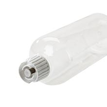 Clear plastic vial or container with metallic screw-top cap, empty and transparent.