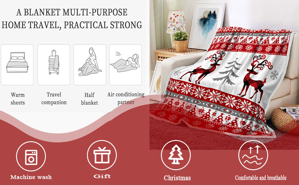 Christmas Throw Blanket, Winter Red Reindeer Snowflakes
