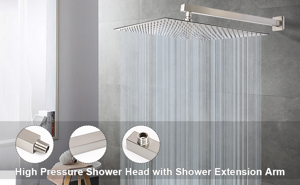 HarJue Shower Head with Extension Arm, High Pressure Square Shower Head