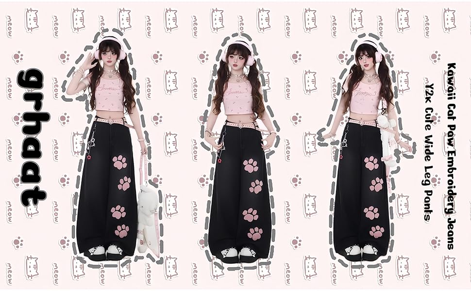 ’Cat’Printed Vintage Wide Denim Pants Wide Leg Denim Pants For Women Vintage Kitty Cat Embroidery