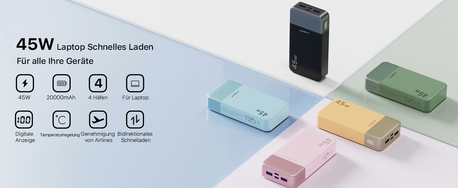 Der Text lautet „45W“. Produktdisplay mit mehreren rechteckigen Geräten in Pastellfarben (Mint, Grün, Rosa, Gelb) mit technischen Symbolen, die auf verschiedene Funktionen hinweisen.