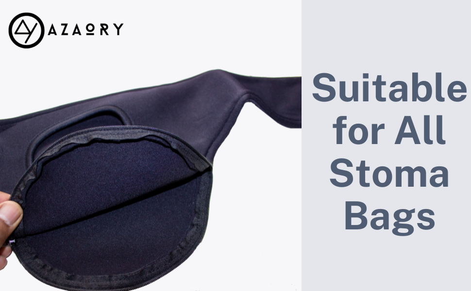 Text reads 'AZAORY' and 'Suitable for All Stoma Bags'. Product image shows a navy blue protective cover or pouch with curved design and zipper closure.