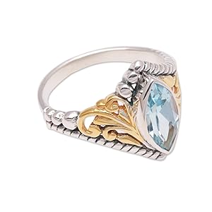 NOVICA Artisan Handmade 18k Gold Accented Blue Topaz Singlestone Cocktail Ring From Indonesia