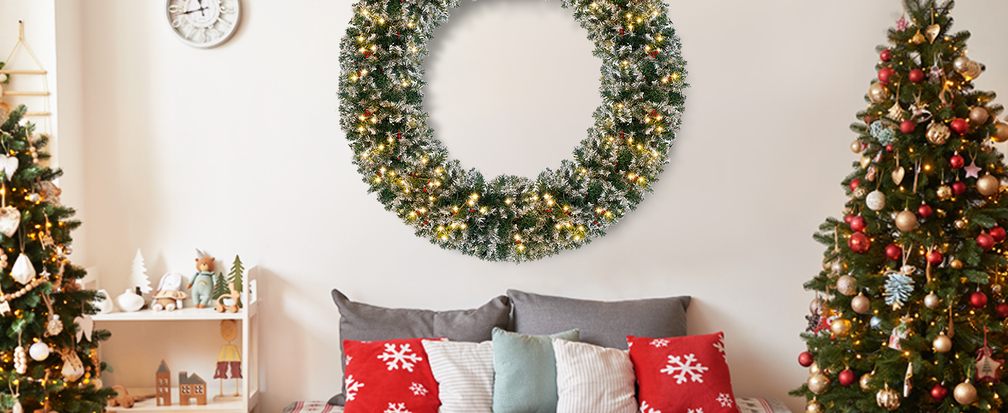Prelit Christmas Wreath with 162 Warm White LED Lights