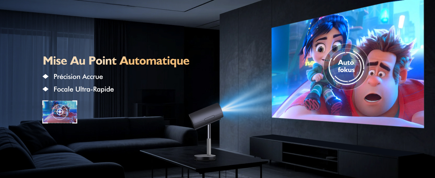 avec une grande image projetée sur le mur. Le texte en français mentionne les fonctionnalités de mise au point automatique et d'alignement des cadres.