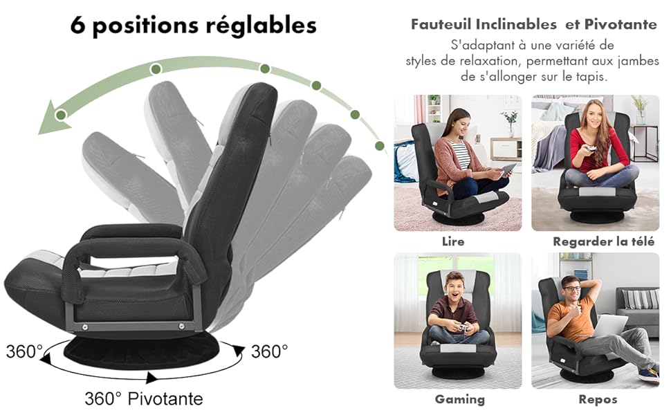 RELAX4LIFE Fauteuil Inclinables Pivotante à 360° Pliante Avec Accoudoirs, Chaise Rembourrée Inclinable En 5 Positions Pour Travailler, Jouer Idéal Pour Salon, Chambre, Bureau (Brun) 15 2