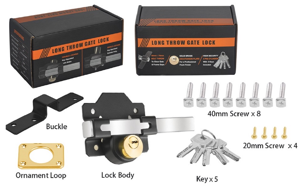 Long Throw Gate Lock, 50mm, Double Locking, Stainless Steel, Gate Lock for Wooden Gates, 5 Keys