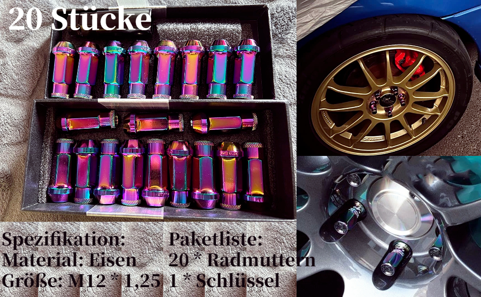 Radbolzen, 20 Stücke M12 * 1,25 Edelstahl Radbolzen Radmutter Eichel Extended Open End Rad