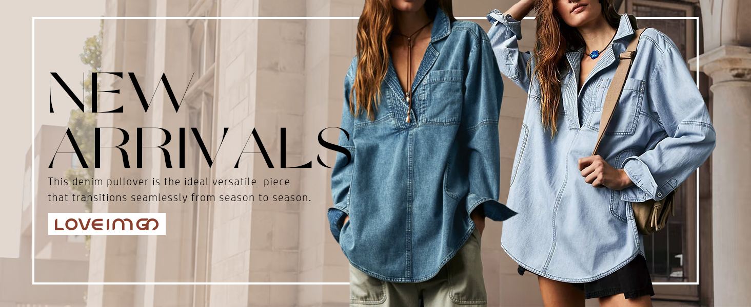 Women Long Sleeve Denim Pullover Jean Shirt V Neck Oversized Denim Shirt Hoodie Sweatshirt