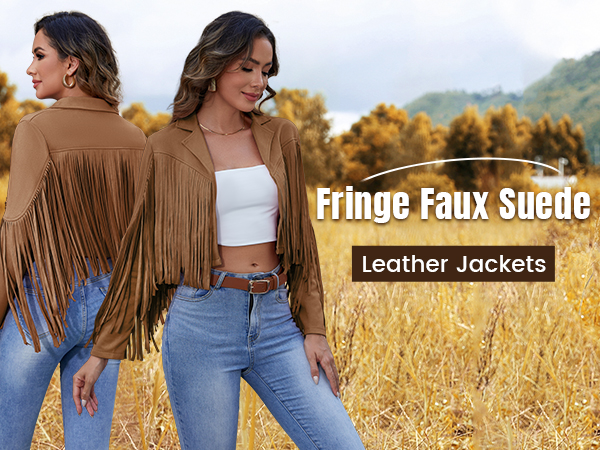 Womens Casual Faux Leather Jacket Fringe Tops Tassel Suede