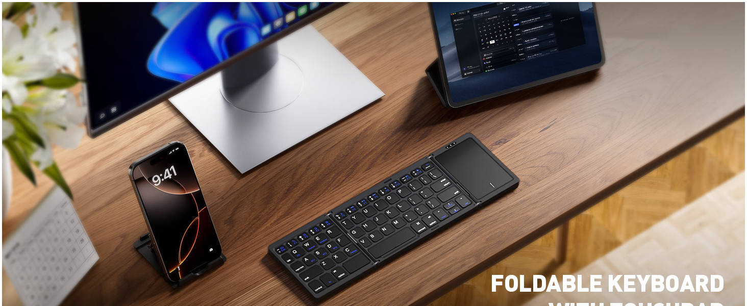 Foldable Bluetooth Keyboard with Trackpad, Full-Size Portable Pocket-Sized Wireless Travel Keyboard