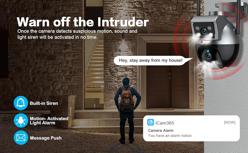 dual lens outdoor camera, warn off the intruder