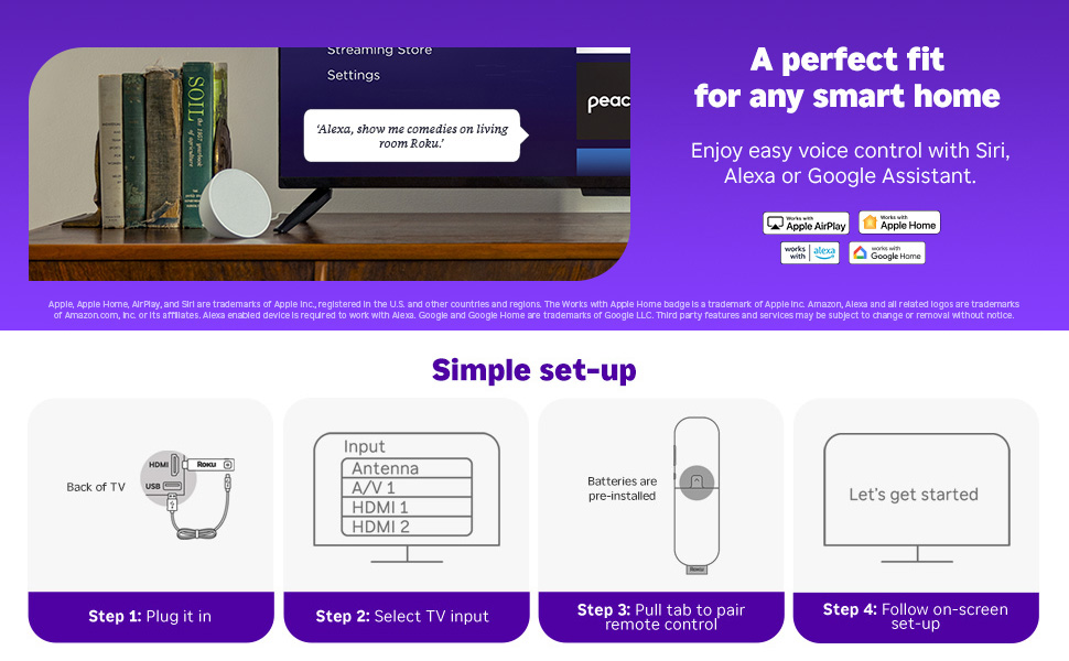 Smart home device setup guide showing four steps with HDMI connections and device pairing instructions on purple background