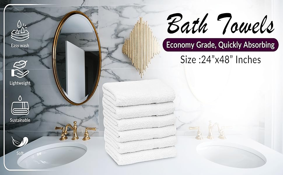 GOLD TEXTILES 12 White Economy Bath Towels Bulk (24x48 Inch