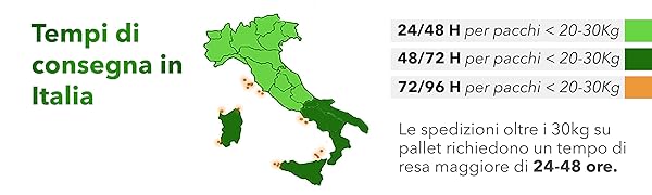 Mappa dell'Italia con i tempi di consegna. Il verde indica 24-48 ore per pacchi fino a 30 kg, tonalità più scure per tempi più lunghi e