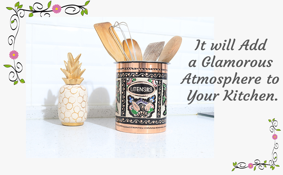 Large Copper Utensil Holder Caddy for Kitchen Countertop