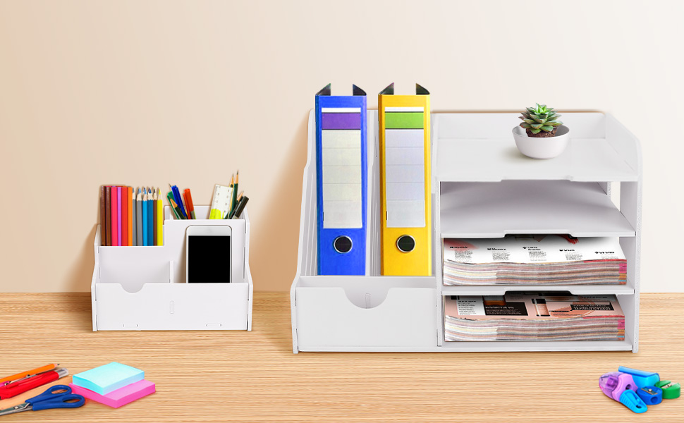 izBuy 4 Tier White Desk Organizer with File Holder, Paper