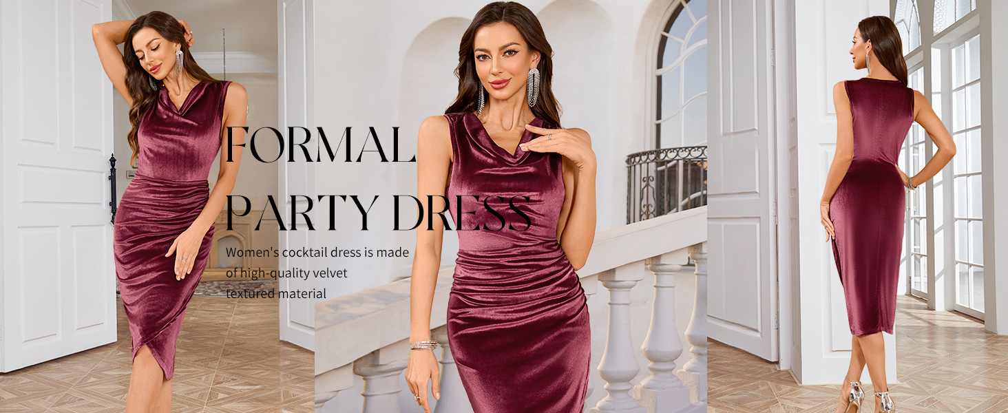 Women 2025 Sexy Sleeveless Cowl Neck Velvet Midi Dress Bodycon Side Slit Wedding Guest Dresses