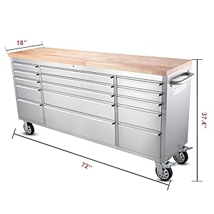 This 72-inch rolling tool chest with wheels comes with 15 drawers (5 large and 10 small)