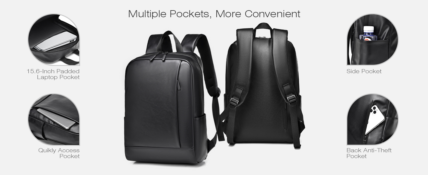 Sac à dos noir présenté sous plusieurs angles, avec plusieurs poches et compartiments avec des vues rapprochées détaillées de caractéristiques spécifiques.